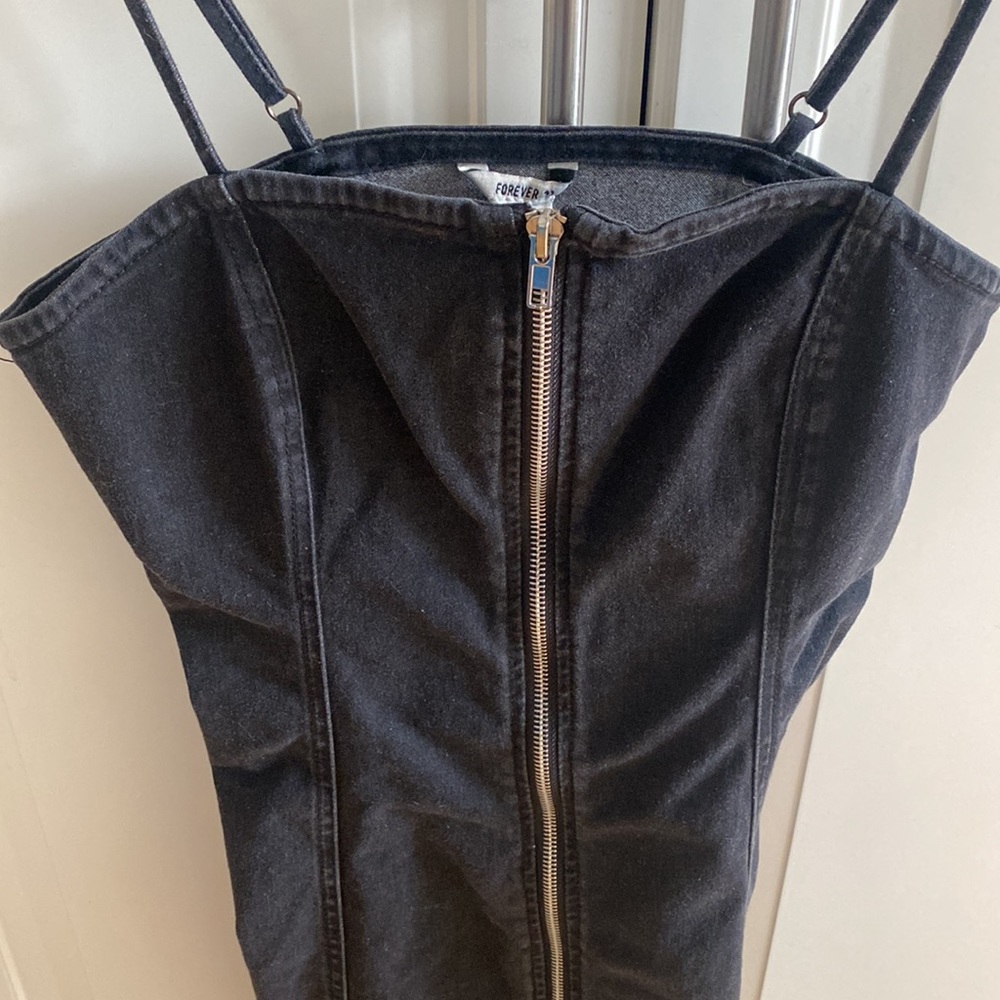Black denim front zip dress size small. Never worn